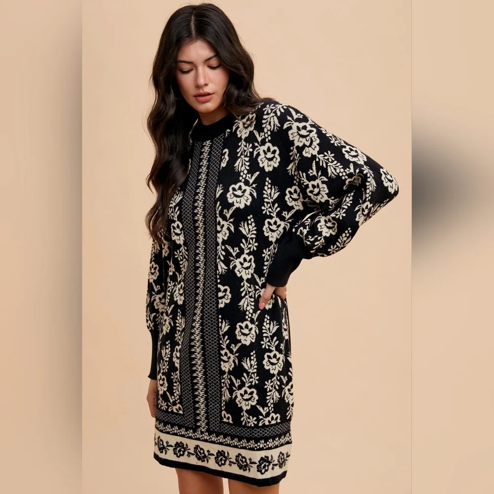 Annie Wear Floral Jacquard Round Neck Sweater Dress - Picture 4 of 7
